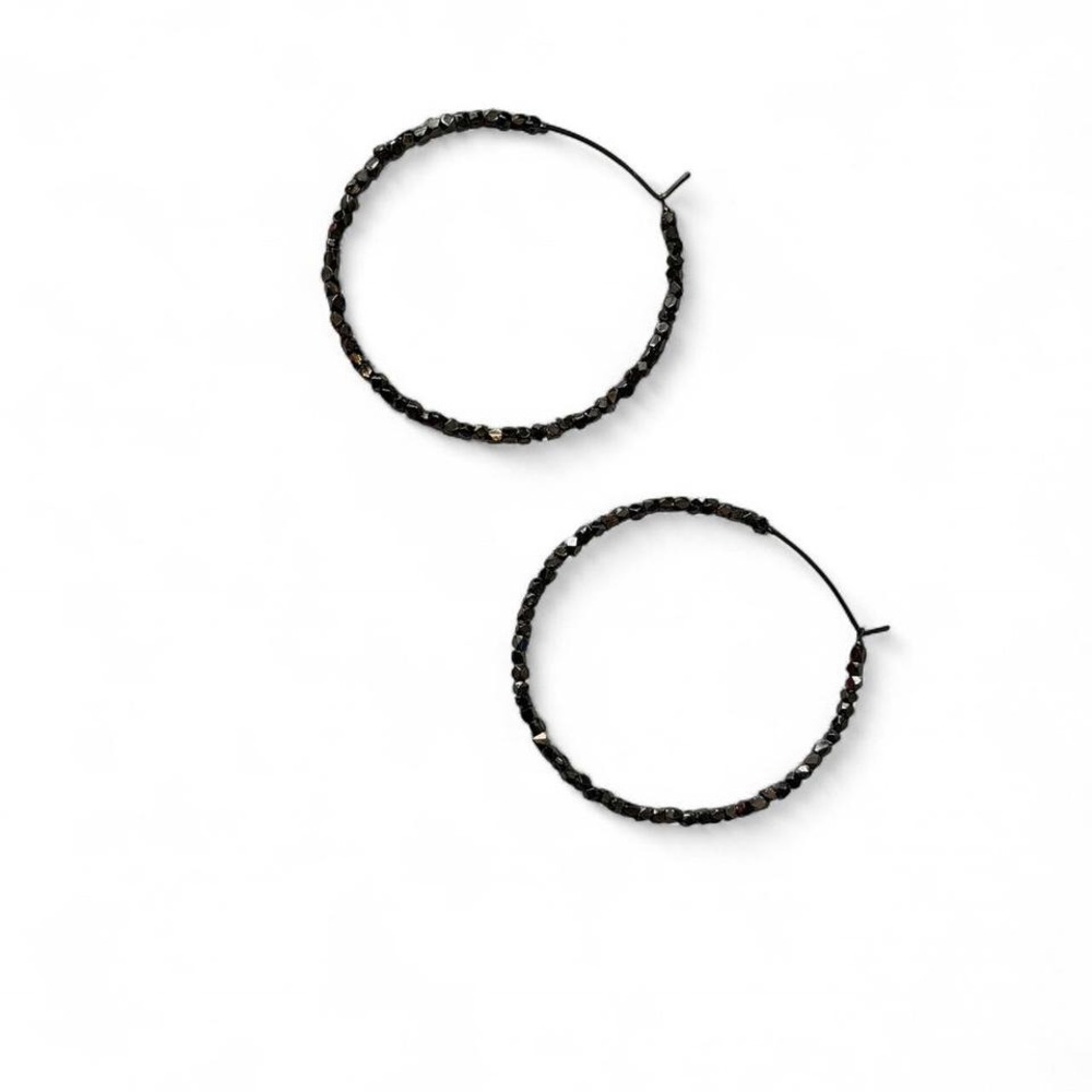 Black Beaded Large Hoop Earrings‎
